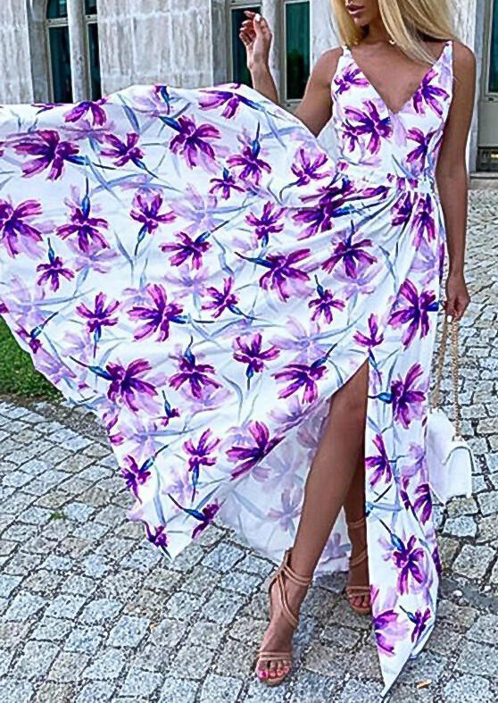 

Floral Slit Spaghetti Strap V-Neck Maxi Dress, Multicolor, 504893
