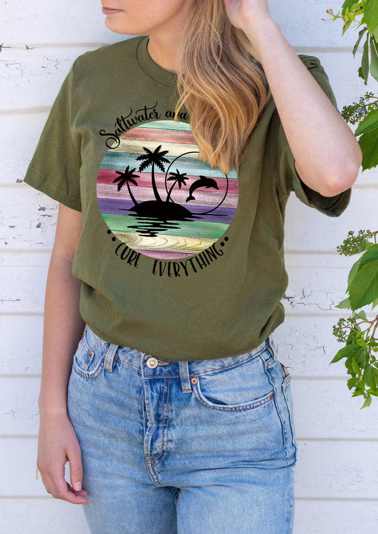 Saltwater And Sunsets Palm Tree Dolphin T-Shirt Tee - Army Green