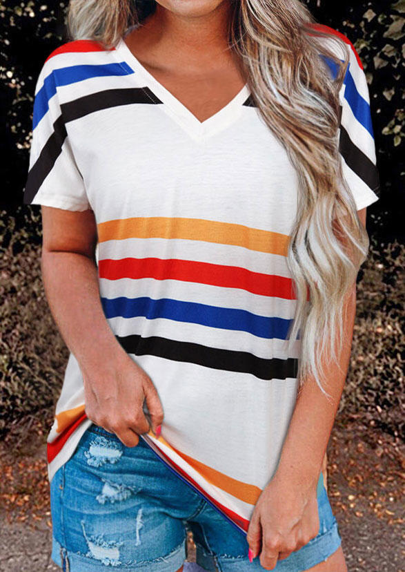 Color Block Striped V-Neck Blouse - White, 504468
