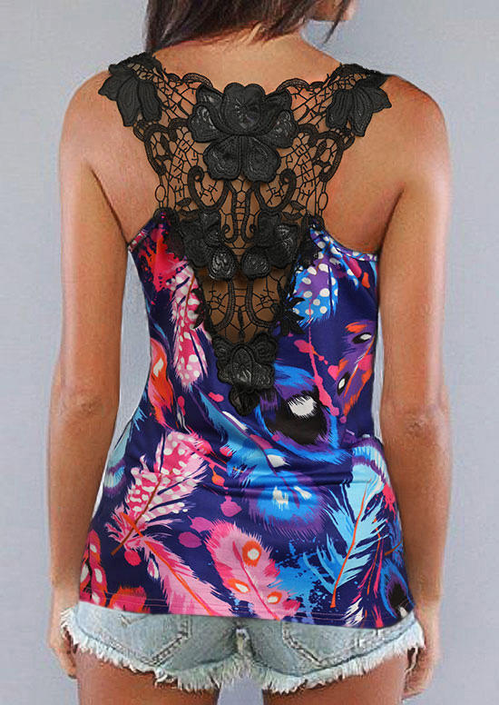 

Colorful Feather Floral Lace Splicing Racerback Tank, Multicolor, 504825