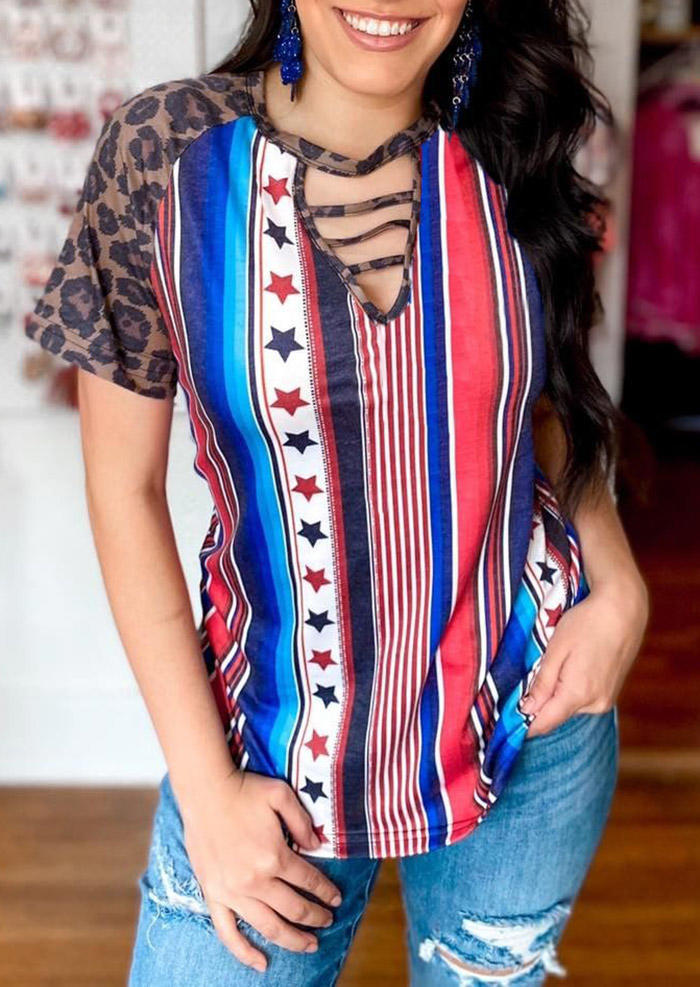 

Leopard Star Striped Keyhole Neck Blouse, Multicolor, 504850