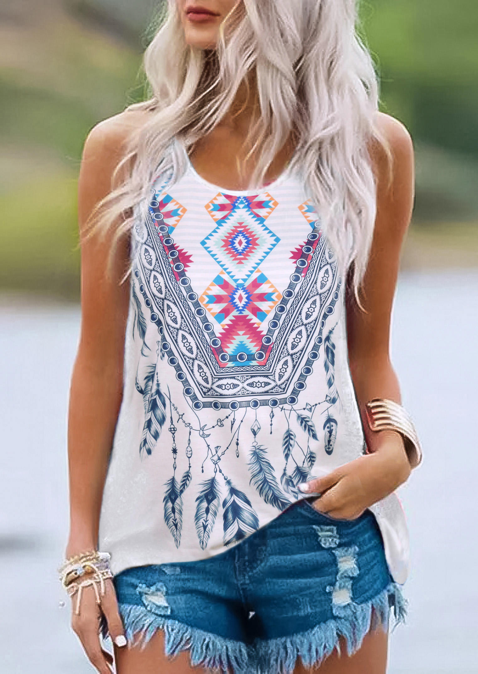 

Aztec Geometric Feather Casual Tank - White, 504856