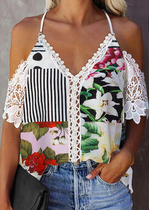 

Striped Floral Polka Dot Lace Splicing Spaghetti Strap Blouse, Multicolor, 504871