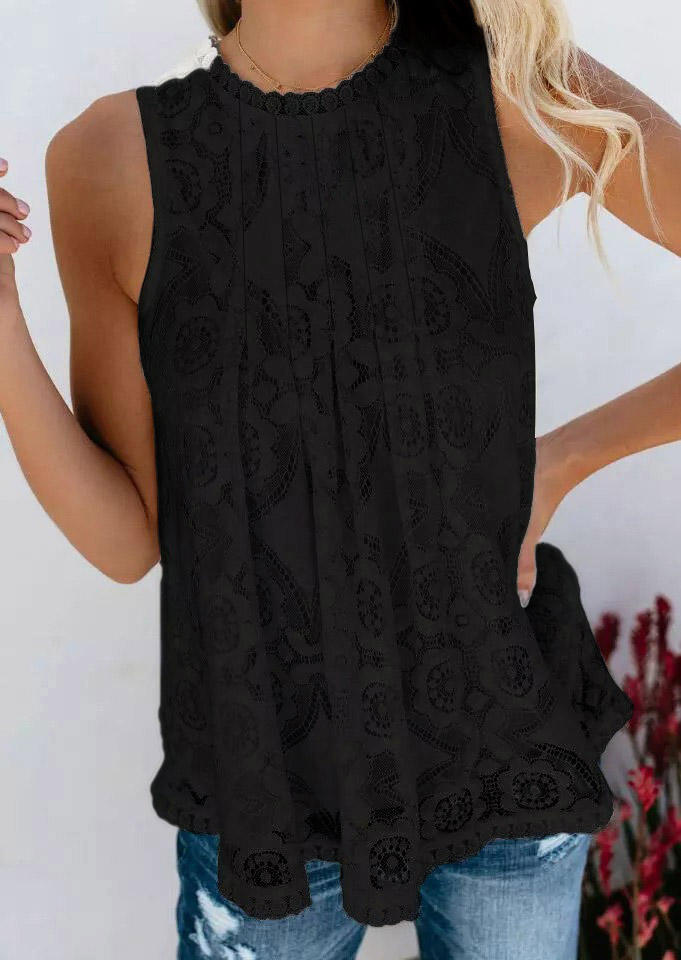 

Solid Lace Layered O-Neck Tank - Black, 504902