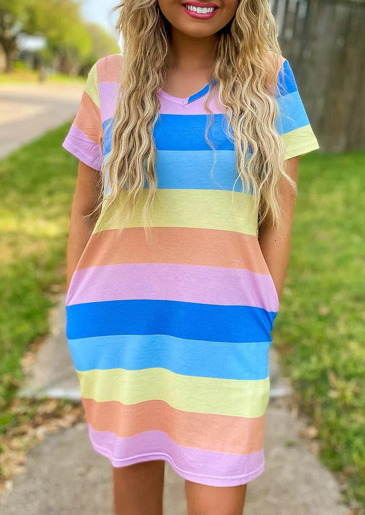 Colorful Striped Pocket V-Neck Mini Dress