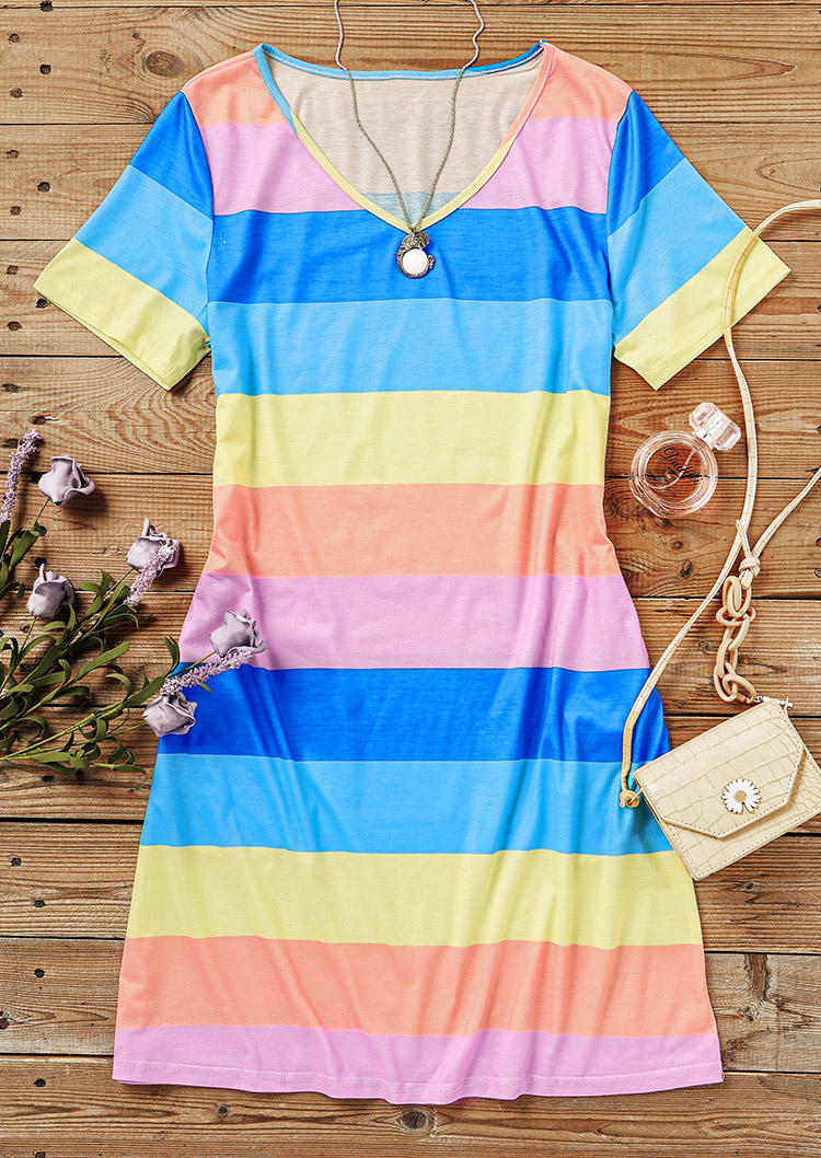 Colorful Striped Pocket V-Neck Mini Dress
