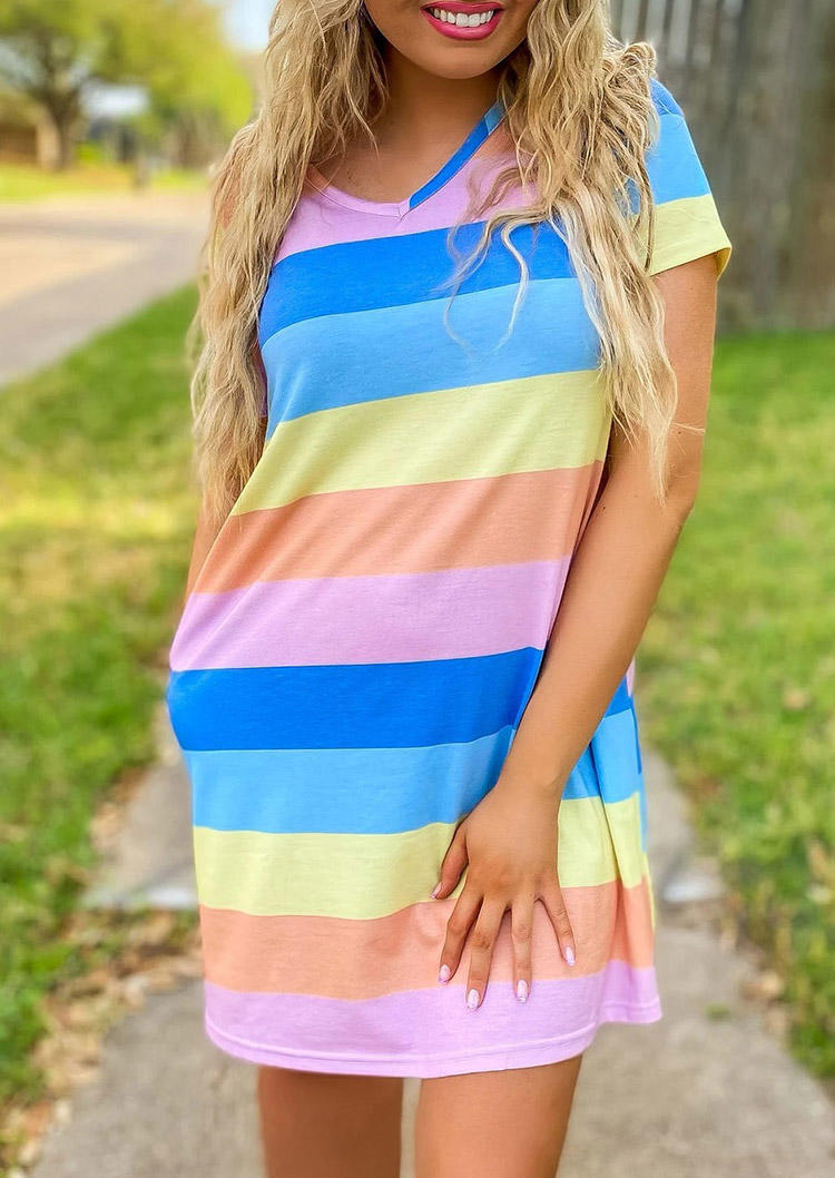 Colorful Striped Pocket V-Neck Mini Dress