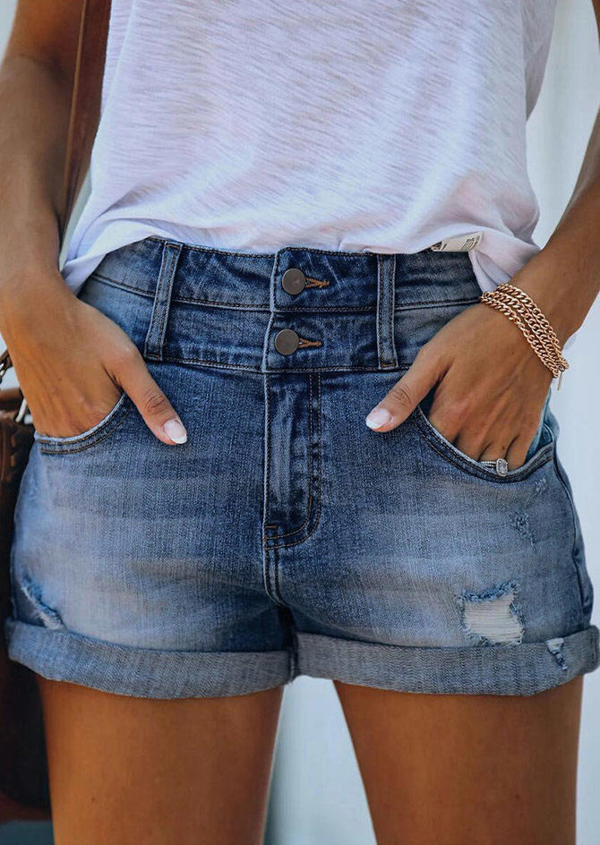 

Button Pocket Ripped Hole Denim Shorts - Blue, 504943