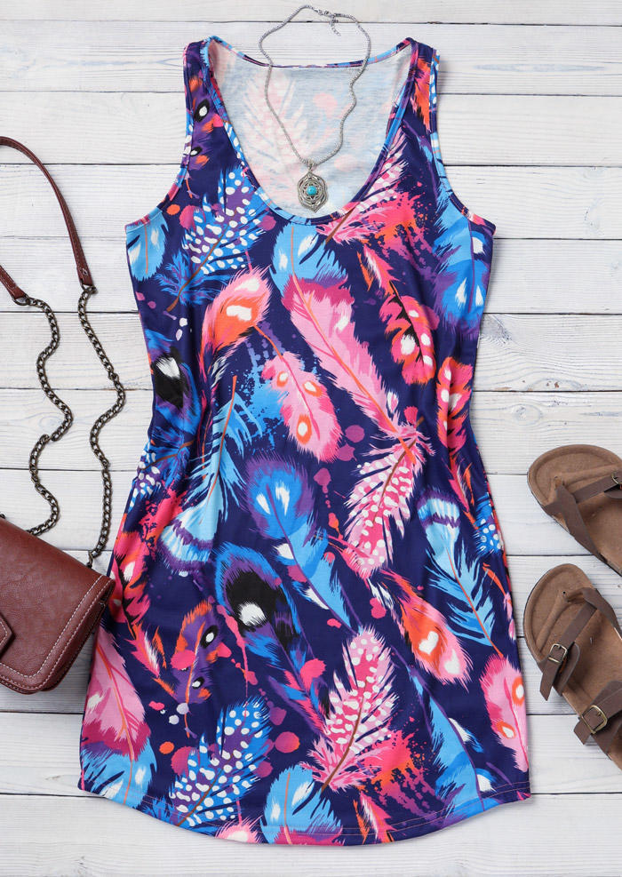 Colorful Feather Sleeveless Mini Dress