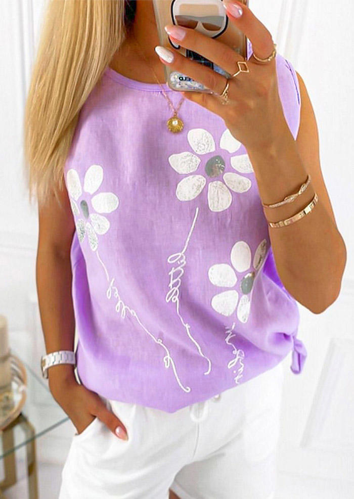 

Flower Tie O-Neck Casual Tank - Purple, 501414