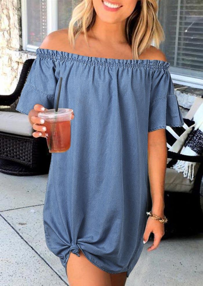

Ruffled Off Shoulder Flare Sleeve Denim Mini Dress - Blue, 502198