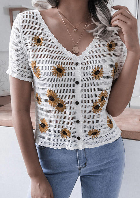 

Sunflower Crochet Knitted Hollow Out Blouse - White, 504326