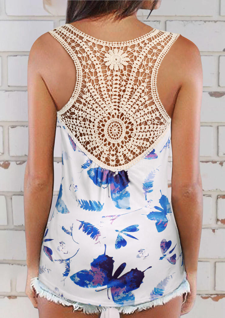 

Lace Splicing Floral Butterfly Hollow Out Racerback Tank - White, 504402