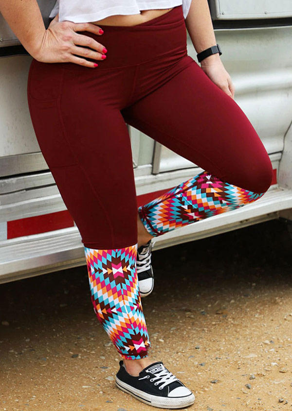 

Plus Size Aztec Geometric Stretchy Yoga Fitness Leggings - Burgundy, 504461