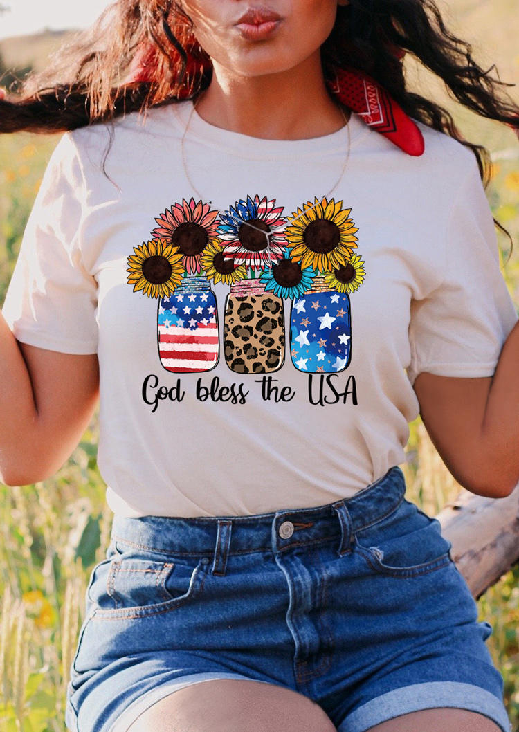 

American Flag Leopard Sunflower God Bless The USA T-Shirt Tee -White, 504647