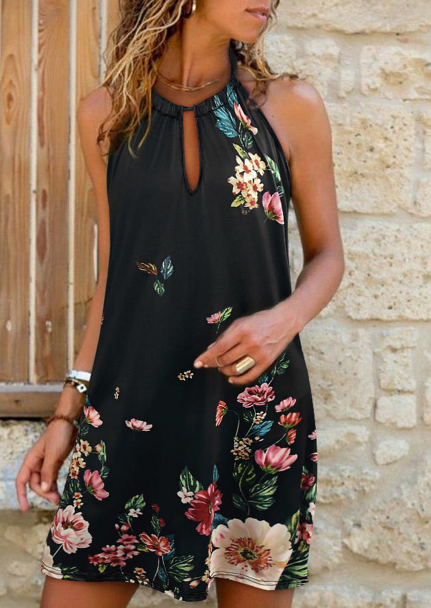 

Floral Hollow Out Halter Mini Dress - Black, 504732