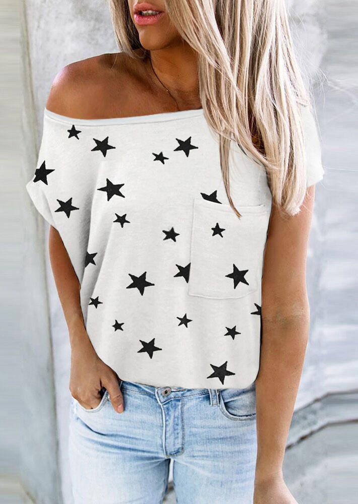 

Star Pocket Short Sleeve O-Neck Blouse - White, 504781