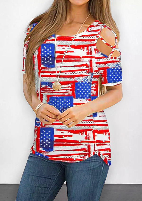 

American Flag Star Striped Criss-Cross Cold Shoulder Blouse, Multicolor, 504834