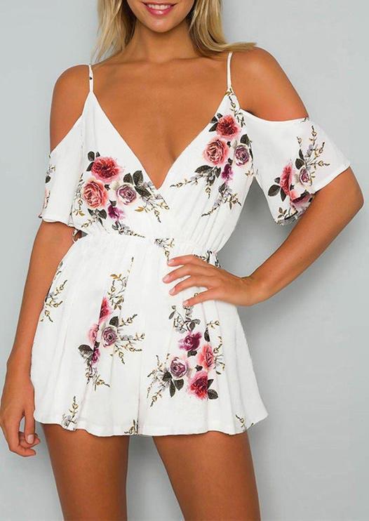 

Floral Elastic Waist Cold Shoulder V-Neck Romper - White, 504882