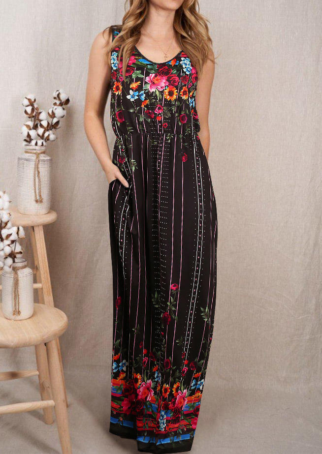 

Floral Pocket Sleeveless Maxi Dress - Black, 504885