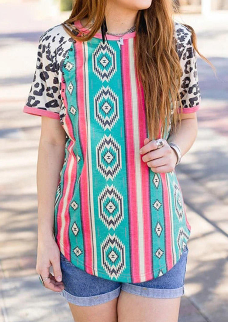 

Aztec Geometric Leopard Splicing Asymmetric Blouse, Multicolor, 505003