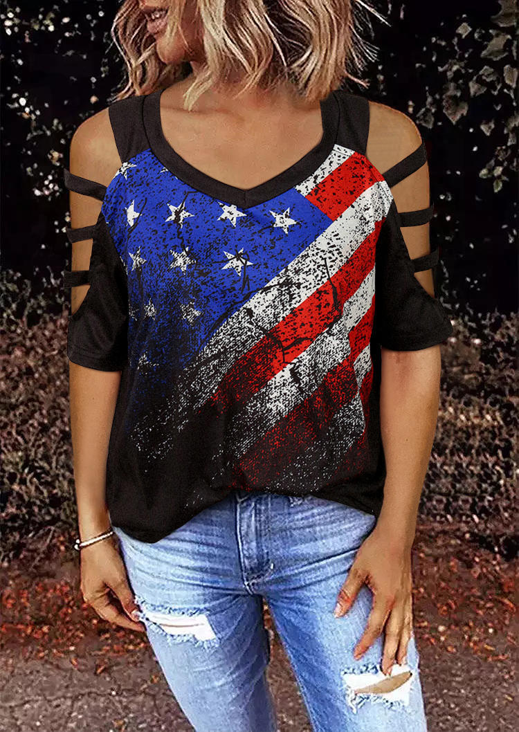 

American Flag Star Striped Hollow Out Blouse, Multicolor, 505007