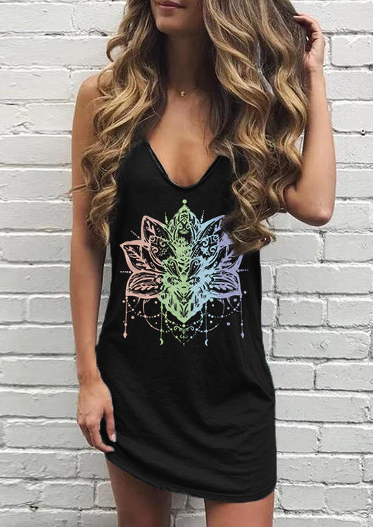 

Gradient Mandala Lotus Sleeveless Mini Dress - Black, 505009
