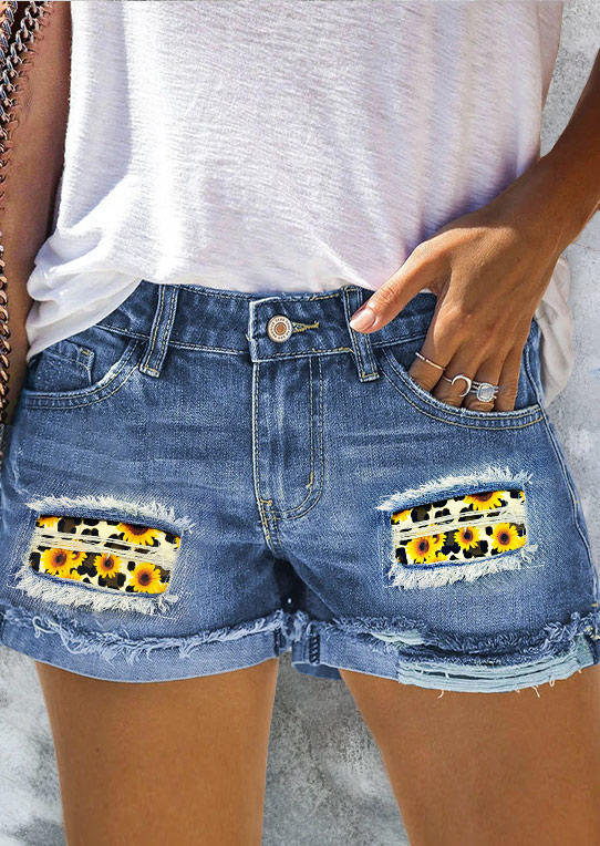 

Leopard Sunflower Ripped Pocket Denim Shorts - Light Blue, 505029