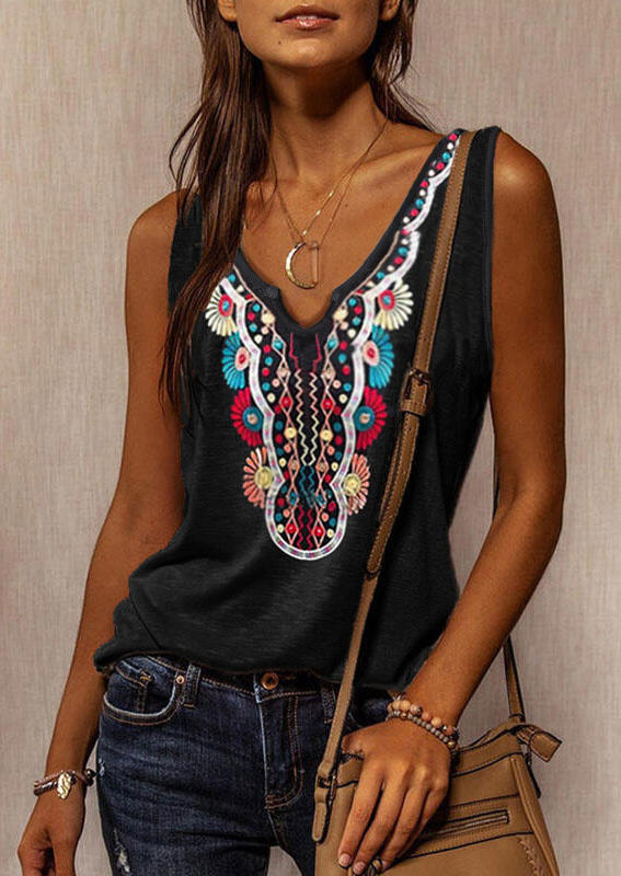 

Vintage Floral Notched Neck Tank - Black, 504935