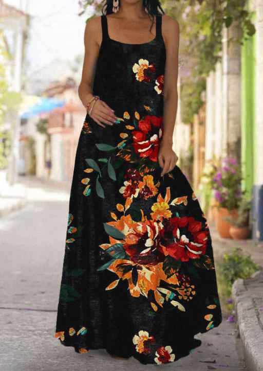 

Floral Spaghetti Strap Big Hem Maxi Dress - Black, 504948