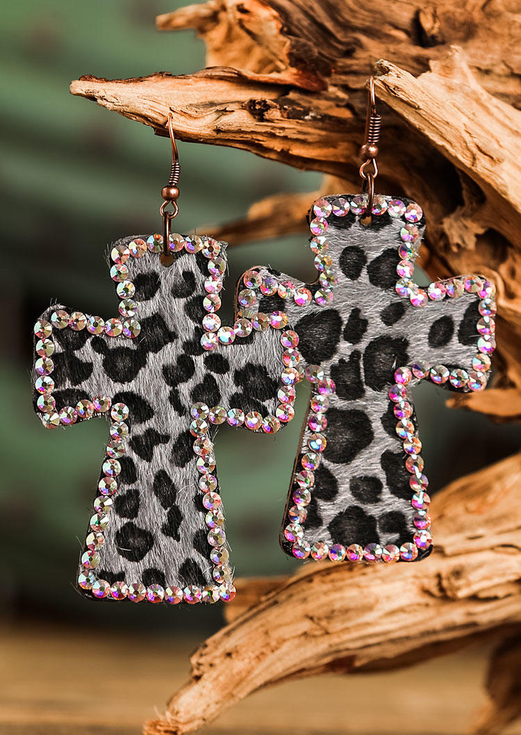

Vintage Leopard Cross Rhinestone Drop Earrings, Black, 504966