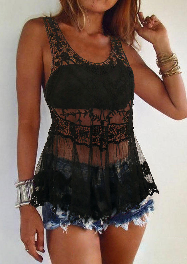 

Floral Lace Sleeveless Racerback Tank - Black, 505002