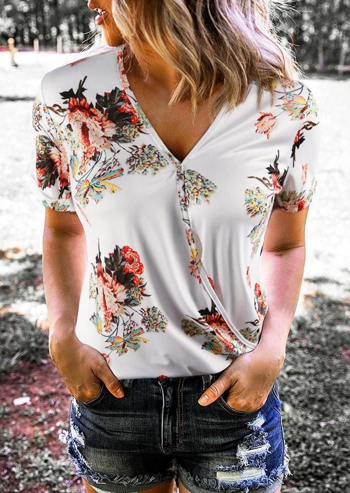 

Floral V-Neck Blouse - White, 505026