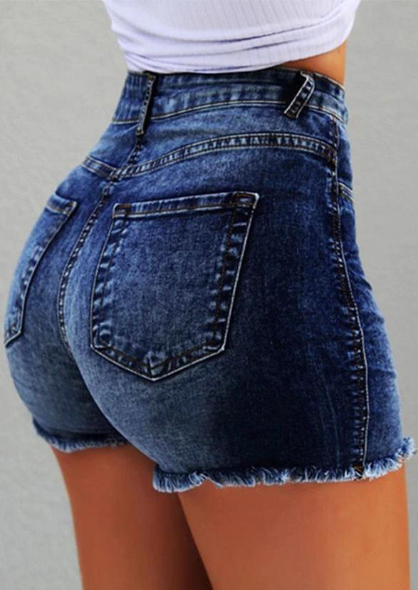 

High Waist Frayed Hem Denim Shorts - Blue, 505048