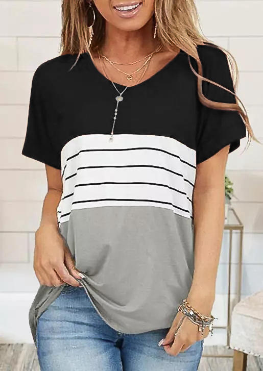 

Color Block Splicing Striped Blouse - Black, 505061