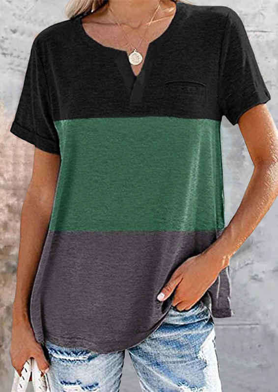 

Color Block Fake Pocket Notched Neck Blouse, Multicolor, 505079