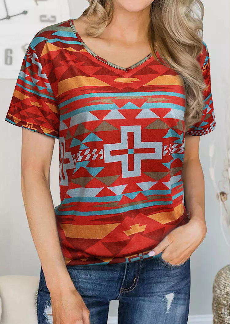 

Aztec Geometric Cross Short Sleeve Blouse, Multicolor, 505083