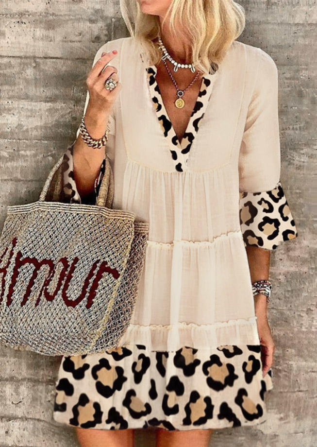 

Leopard Splicing Ruffled V-Neck Mini Dress - Apricot, 505084