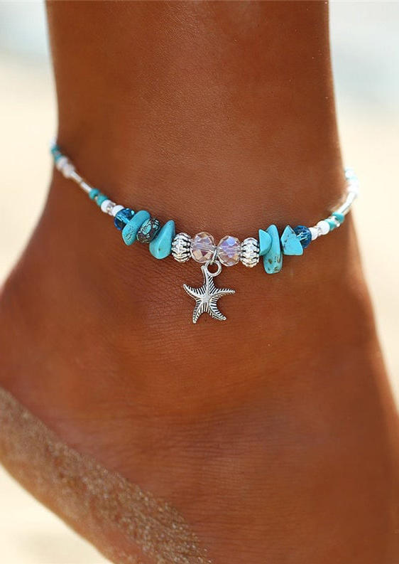 

Turquoise Starfish Crystal Beading Anklet, Silver, 505102