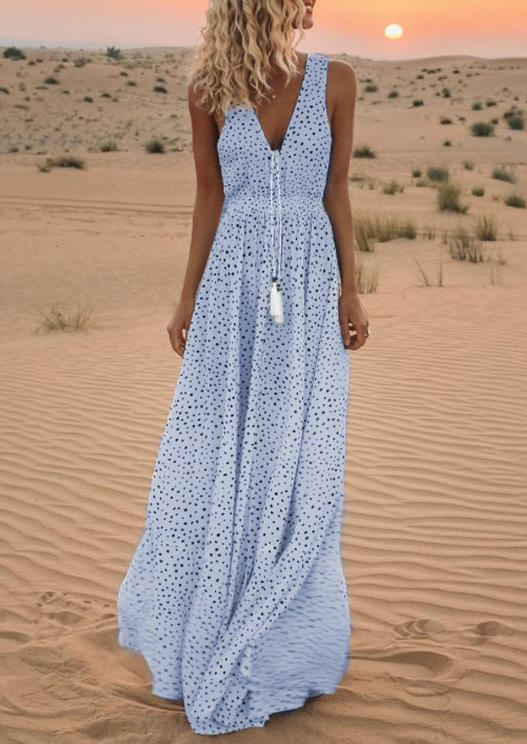 

Polka Dot Tie Tassel Elastic Waist V-Neck Maxi Dress - Light Blue, 505107