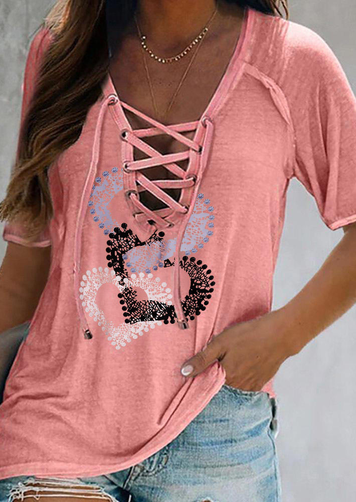 

Heart Lace Up V-Neck Blouse - Pink, 504911