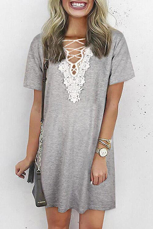

Lace Splicing Criss-Cross Mini Dress - Gray, 505006