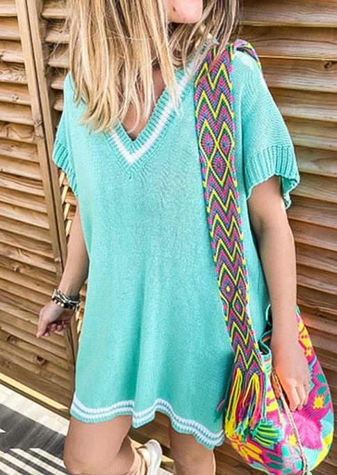 

Striped V-Neck Short Sleeve Mini Dress - Green, 505133
