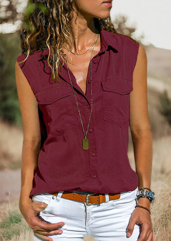 

Button Pocket Turn-Down Collar Sleeveless Shirt - Burgundy, 505135