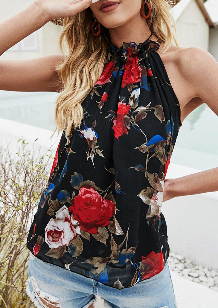 

Floral Ruffled Sleeveless Halter Tank, Multicolor, 505142
