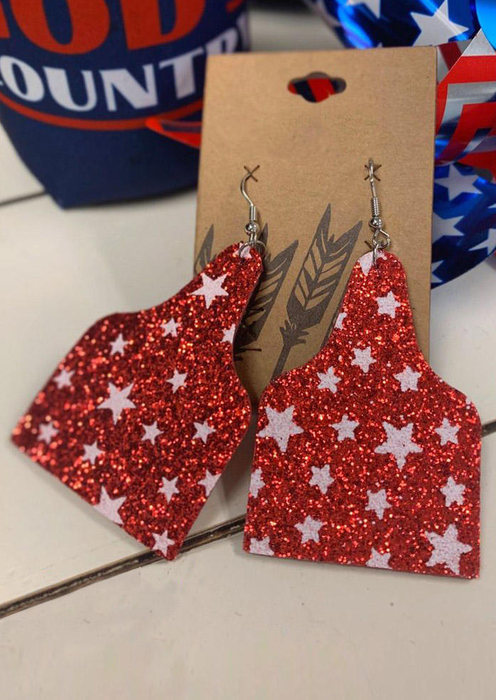 

Star Glitter Leather Pendant Earrings, Red, 505153