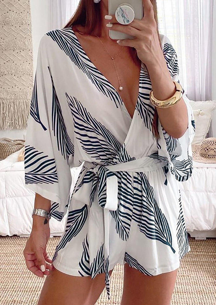 

Palm Leaf V-Neck Three Quarter Sleeve Romper - White, 505166