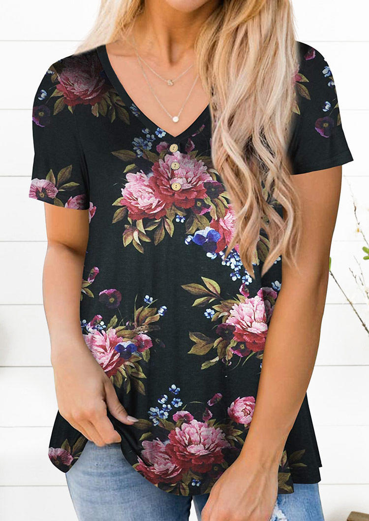 

Floral Button V-Neck Blouse - Black, 505168