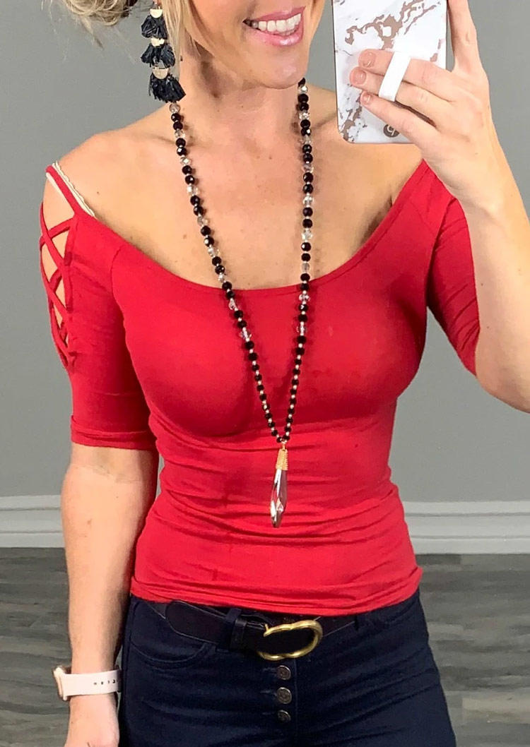 Criss-Cross Cold Shoulder Tight Blouse - Red, 505203