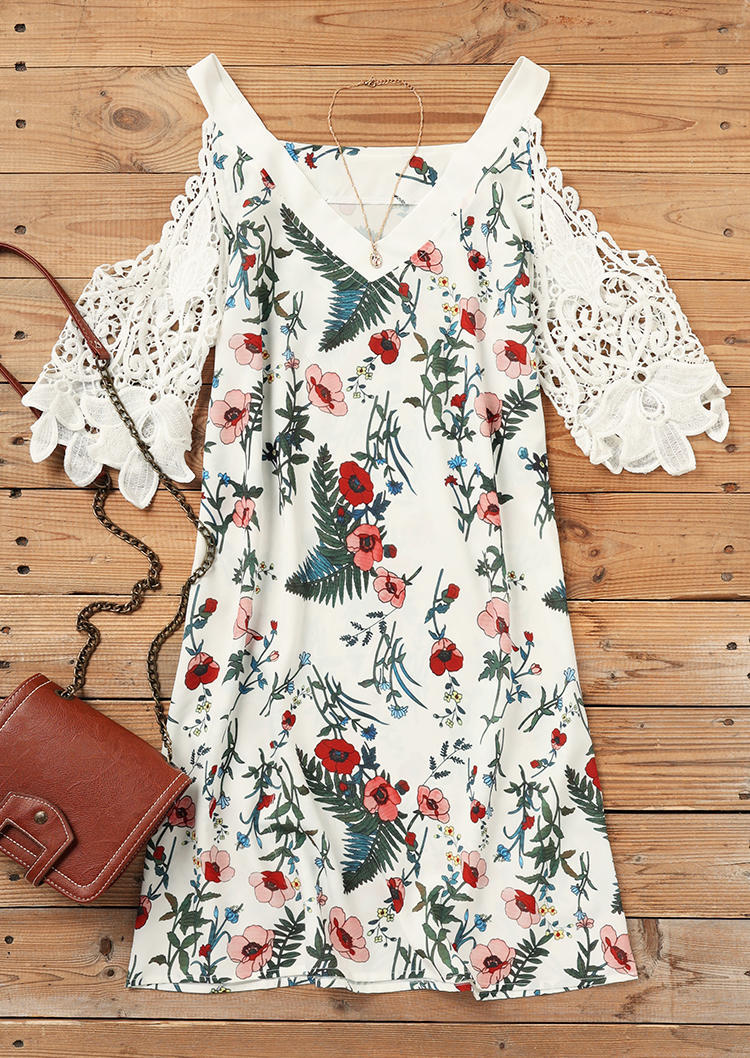 Floral Leaf Lace Splicing Cold Shoulder Mini Dress - White